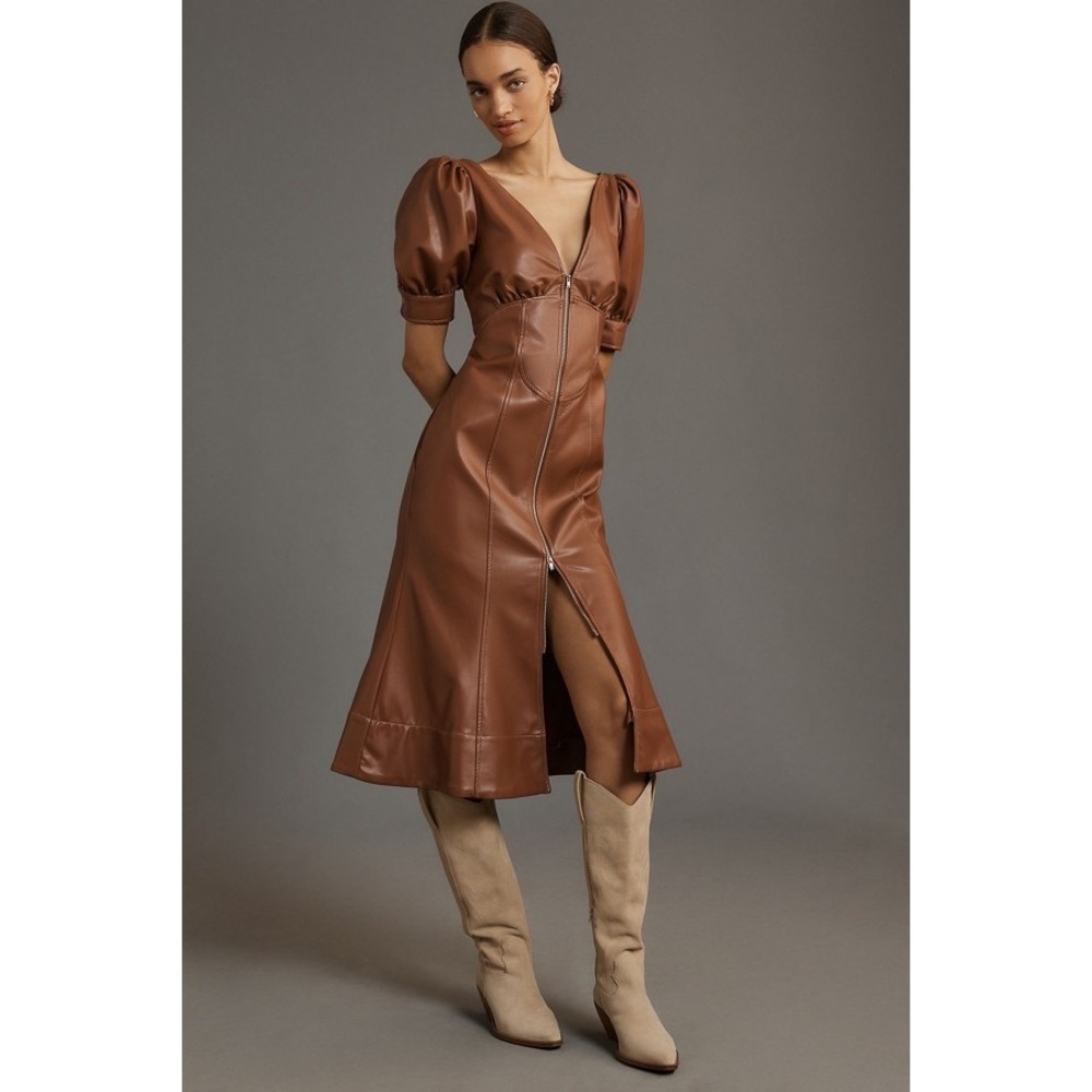 NWT By Anthropologie Vegan Leather Puff Sleeve Zip Front Midi Dress Size 2 Brown